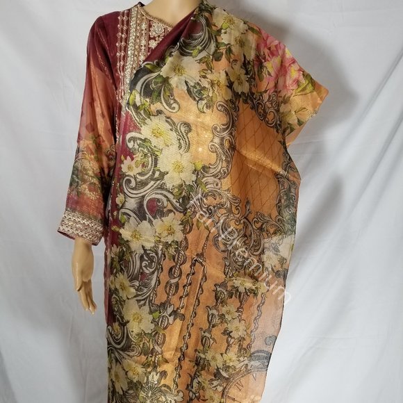 Pakistani Branded Fancy Embroidered Shaded Masuri 3-Piece Shalwar Kameez Orange - Picture 6 of 17